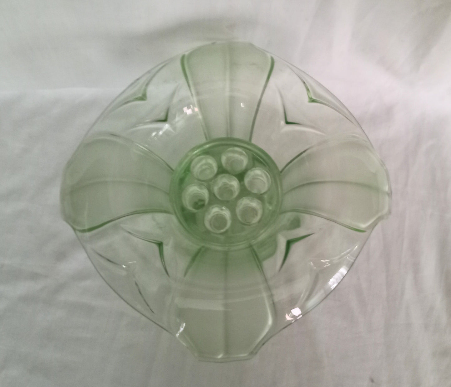 Art Deco Green Pressed Glass Trumpet Vase With Flower Frog