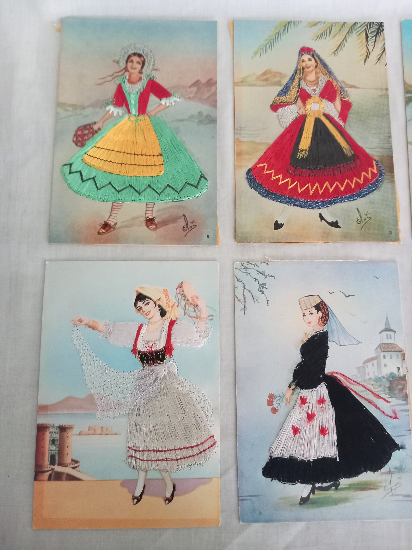 6 Vintage Embroidered Postcards Showing Italian & Spanish Regional Costume Dress
