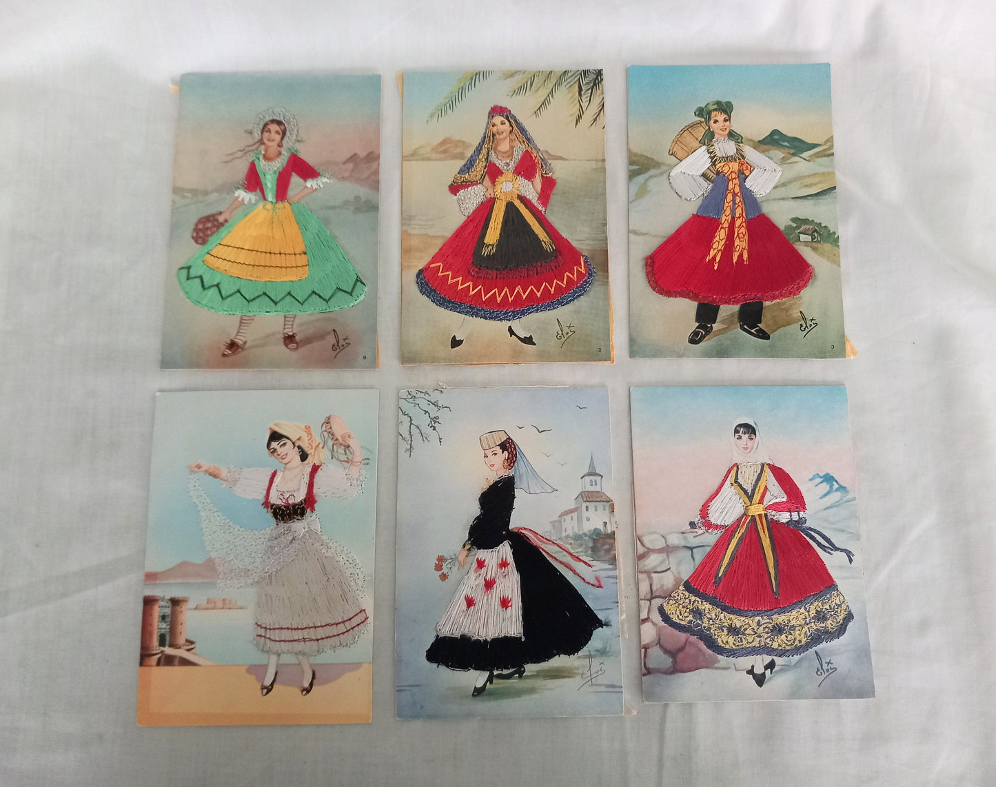 6 Vintage Embroidered Postcards Showing Italian & Spanish Regional Costume Dress