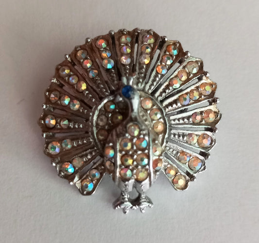 1950s Silvertone & Aurora Borealis Rhinestone Peacock Bird Brooch
