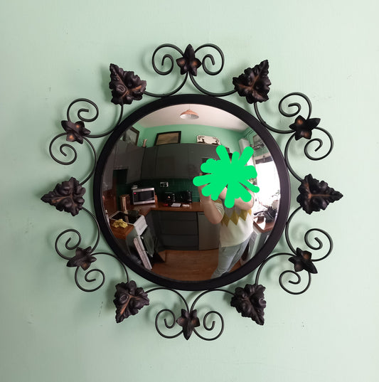 1970s Black Curled Metal Leaf Design Convex Wall Mirror 17.5"