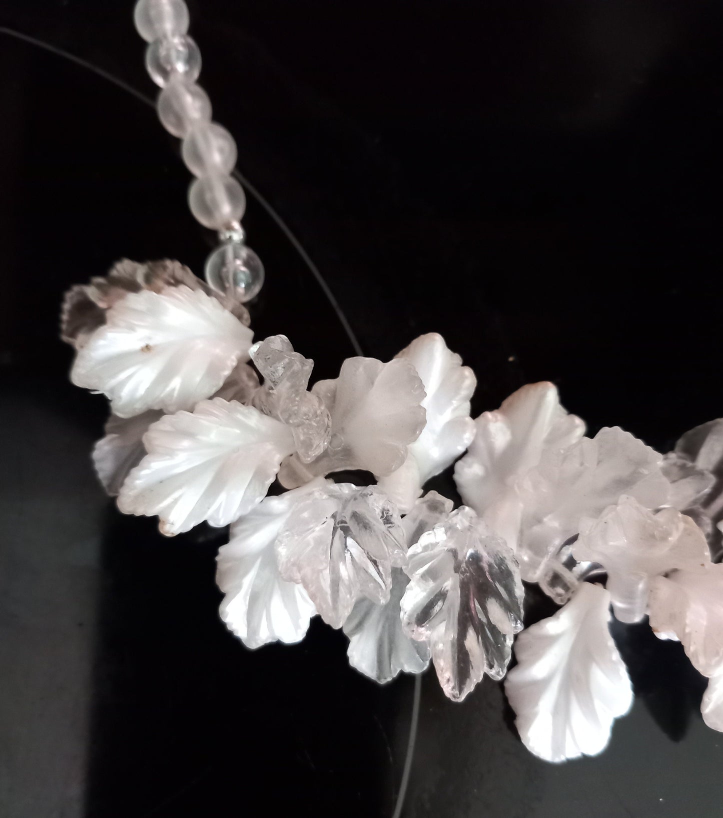 1980s Clear & White Acrylic Leaf Cluster bead necklace