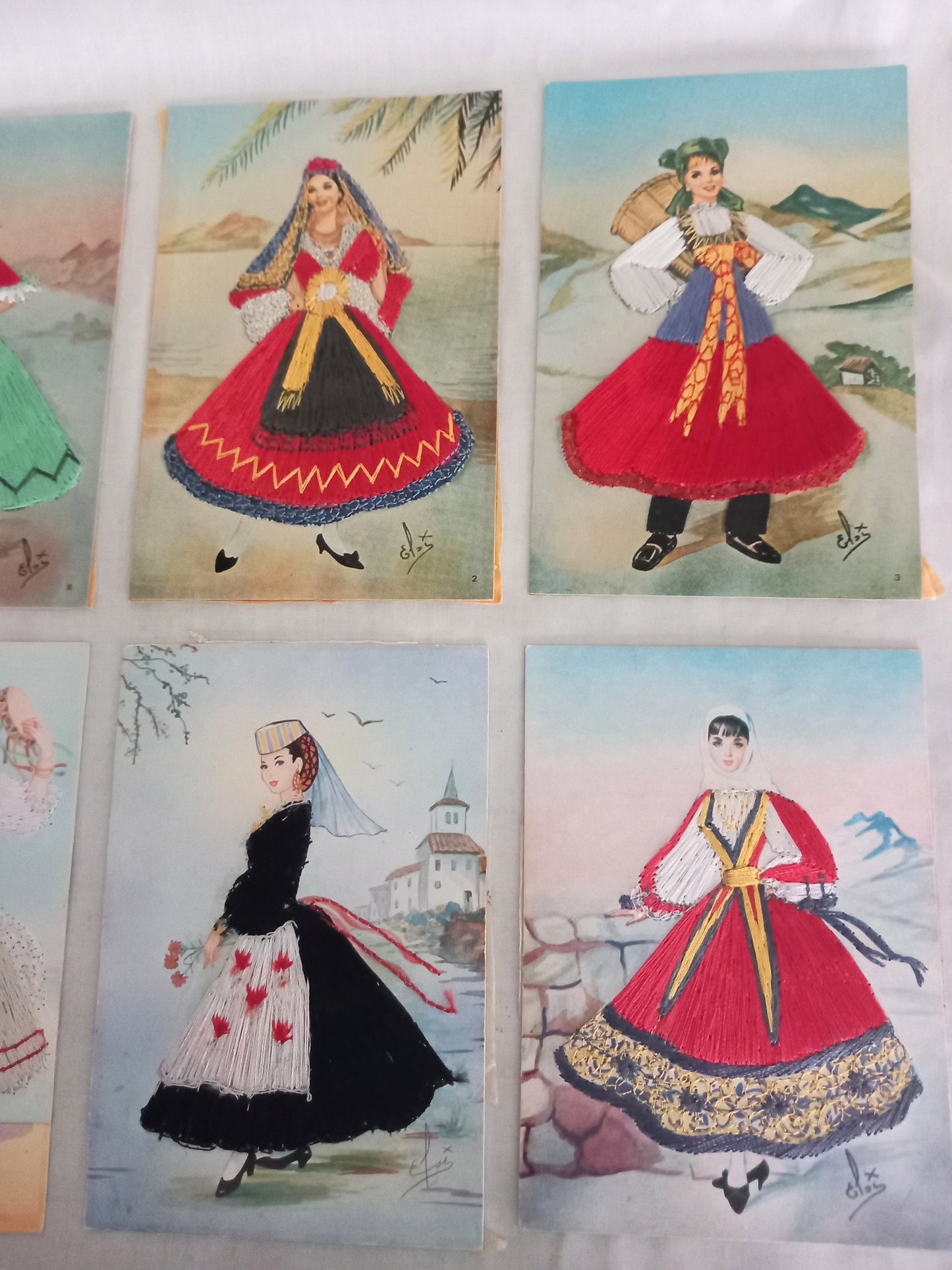 6 Vintage Embroidered Postcards Showing Italian & Spanish Regional Costume Dress