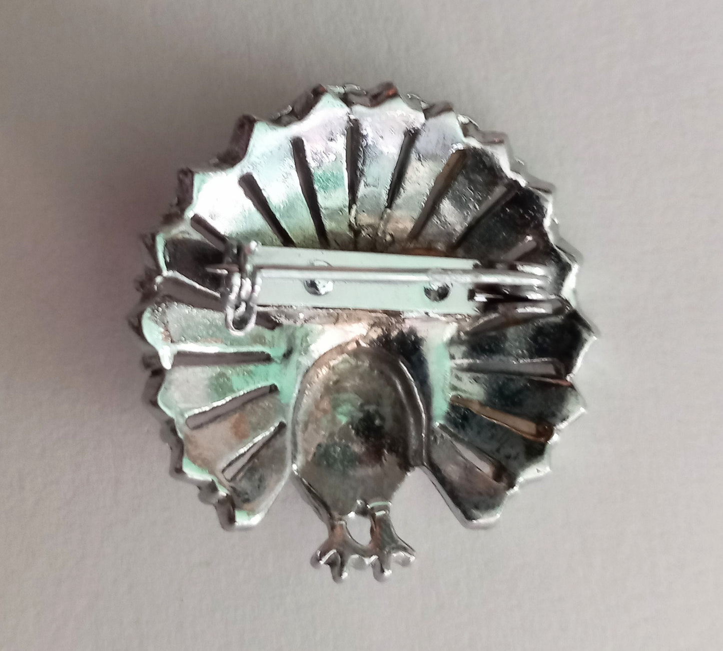 1950s Silvertone & Aurora Borealis Rhinestone Peacock Bird Brooch