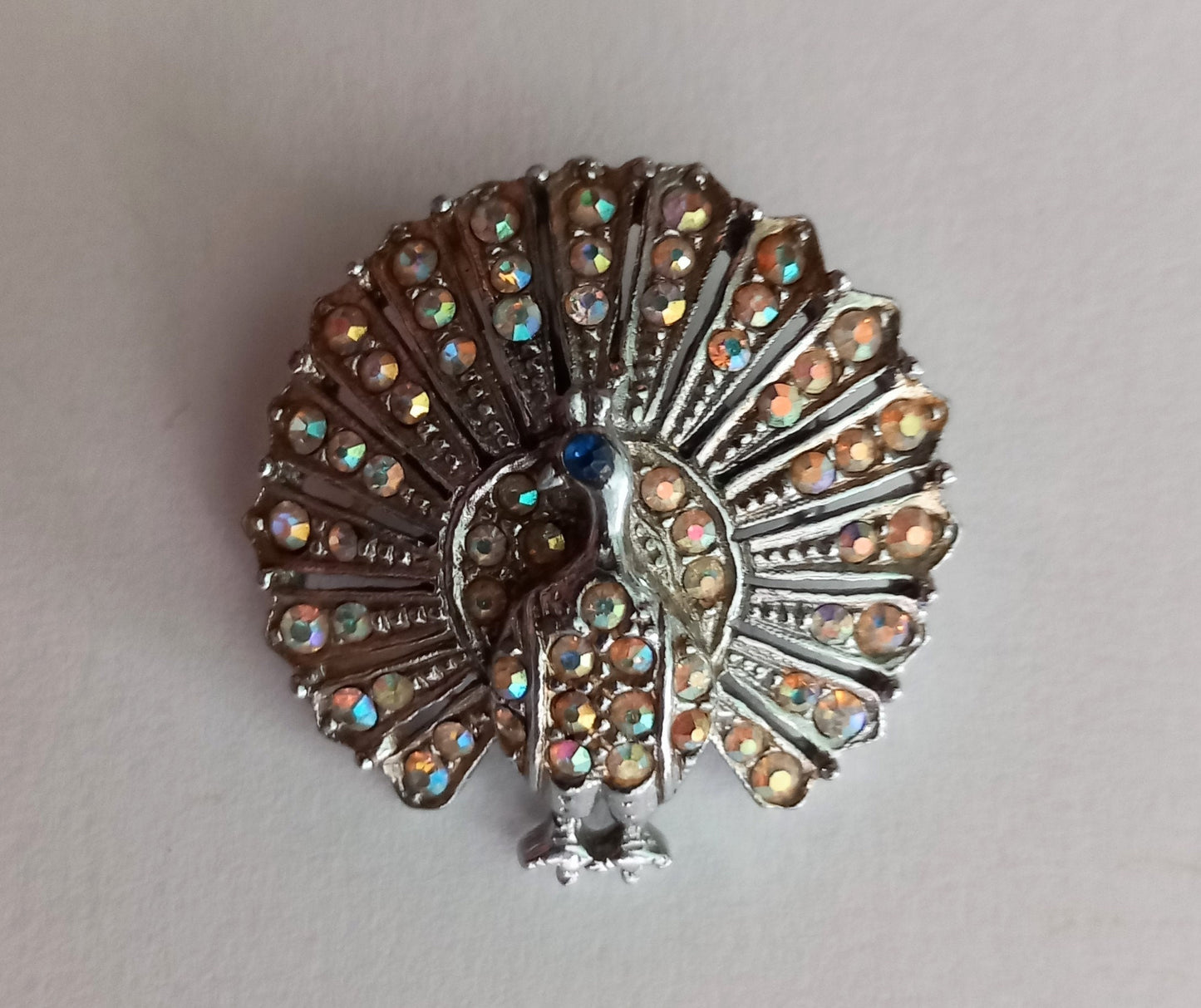 1950s Silvertone & Aurora Borealis Rhinestone Peacock Bird Brooch