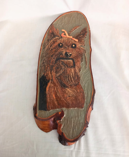 Hand made Tree Trunk Slice Carved Wood Yorkshire Terrier Dog Wall Art