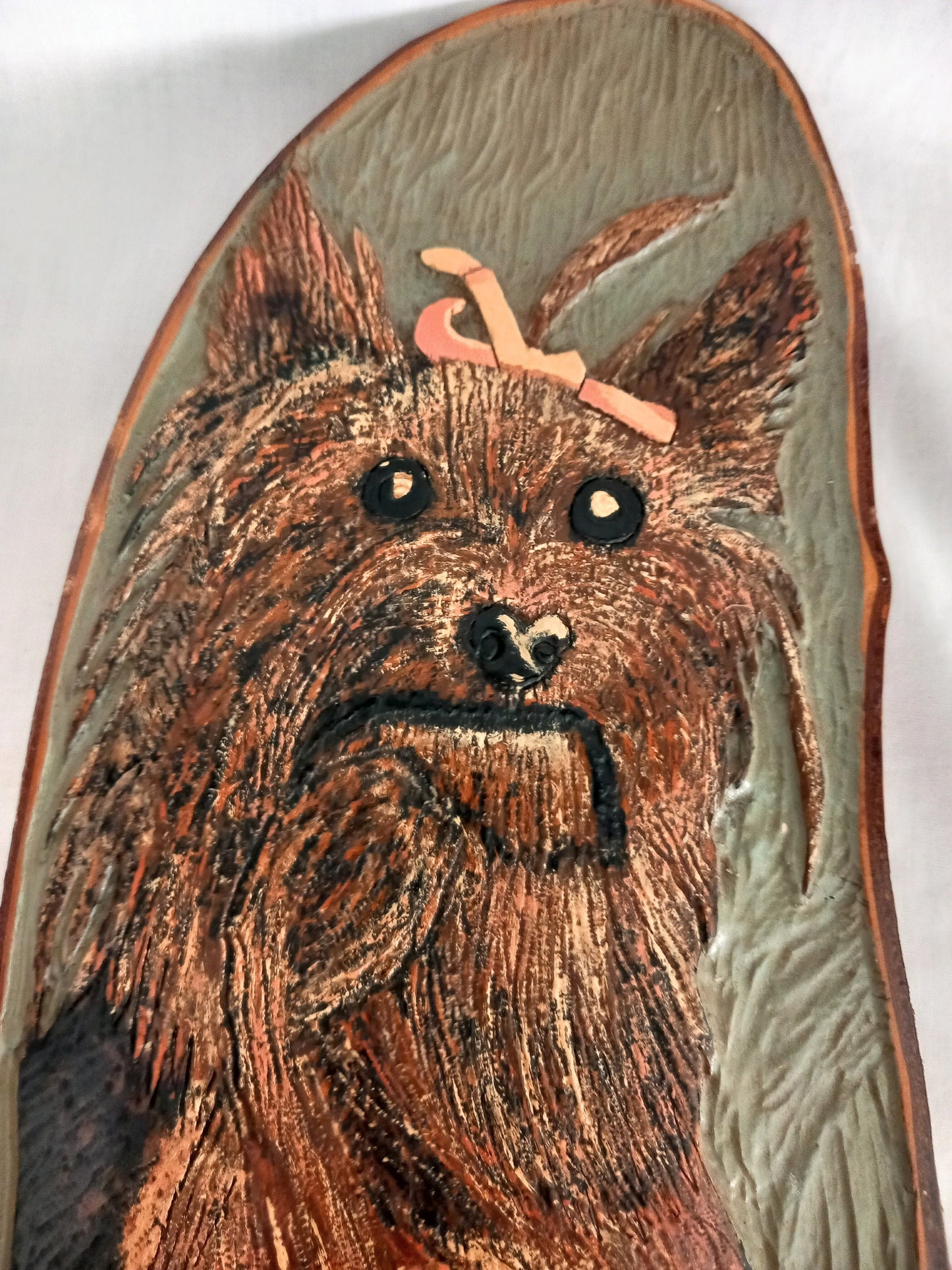 Hand made Tree Trunk Slice Carved Wood Yorkshire Terrier Dog Wall Art