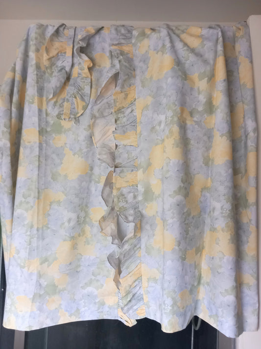 1980s pair of blue & yellow flower pattern curtains 54" with frilled edge