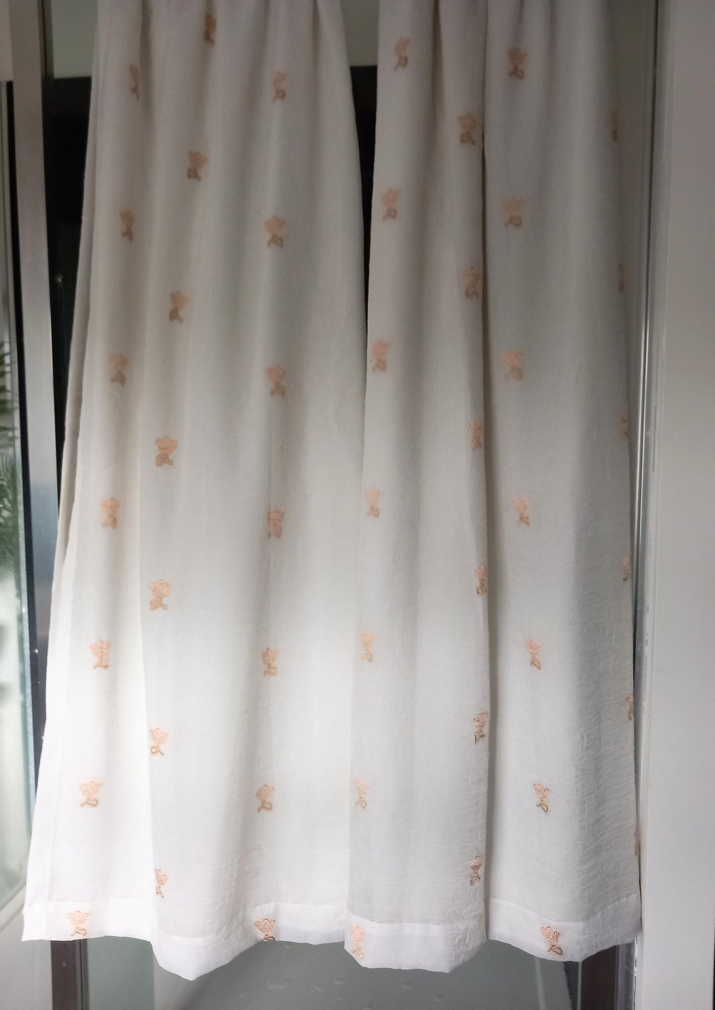 Pair of White Chiffon & Orange Embroidered Flower Lined Curtains 53"