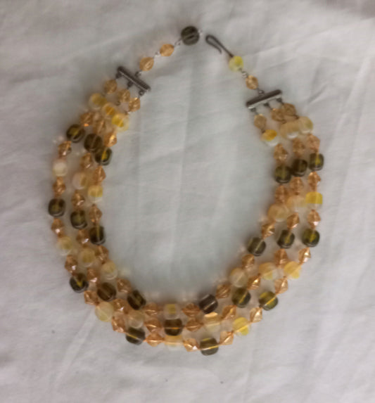 1960s triple strand yellow opal glass bead necklace