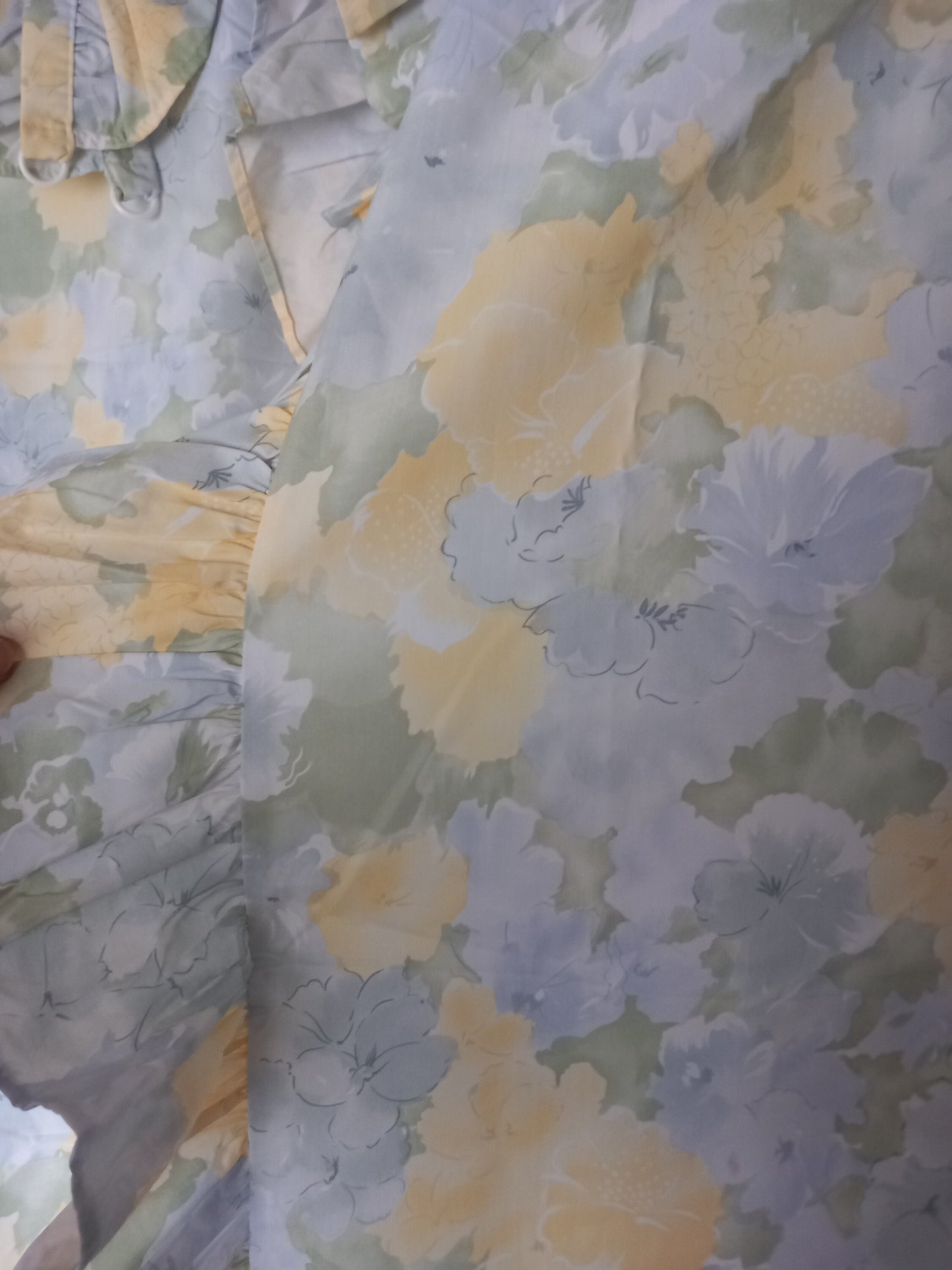 1980s pair of blue & yellow flower pattern curtains 54" with frilled edge