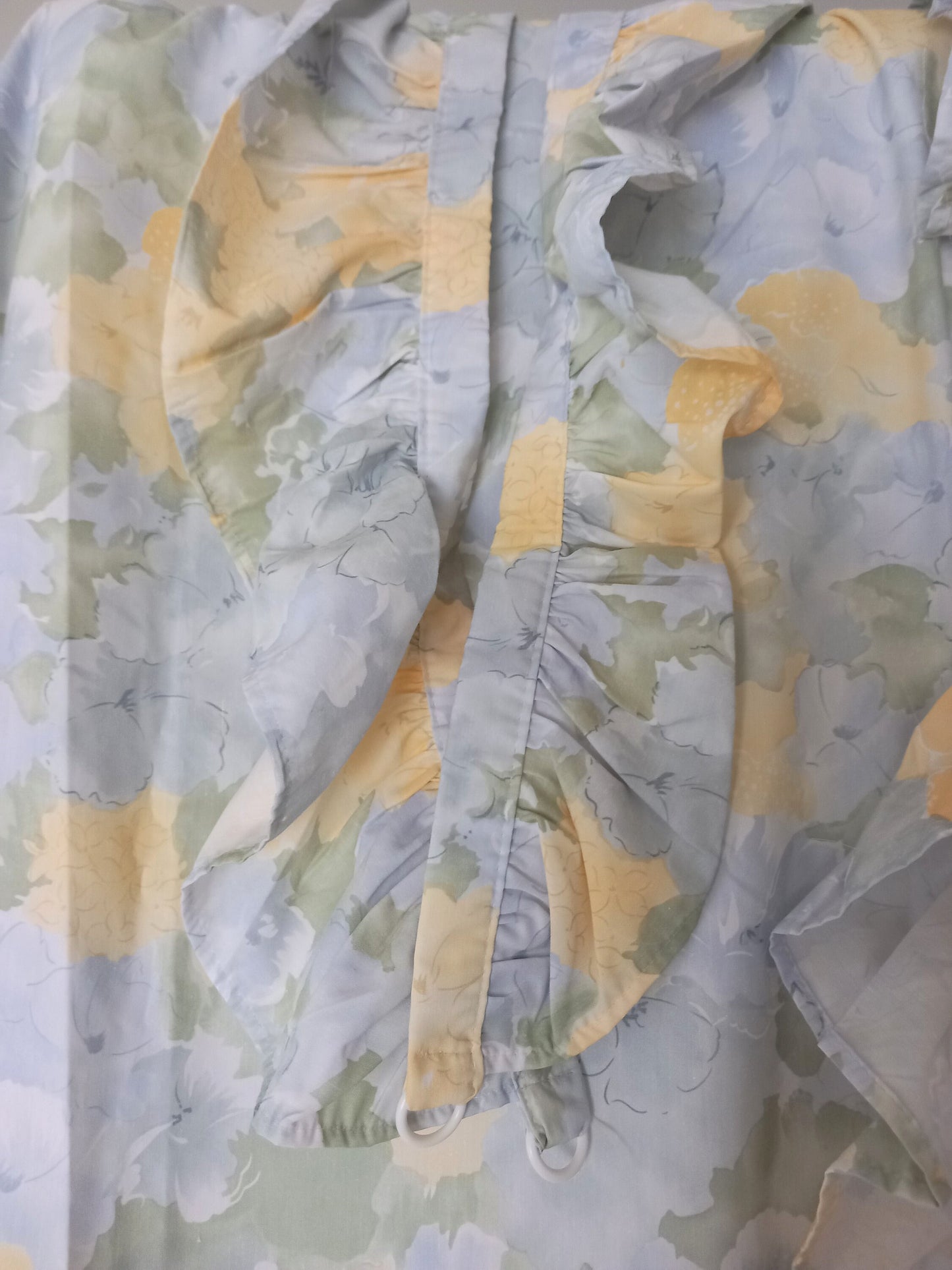 1980s pair of blue & yellow flower pattern curtains 54" with frilled edge