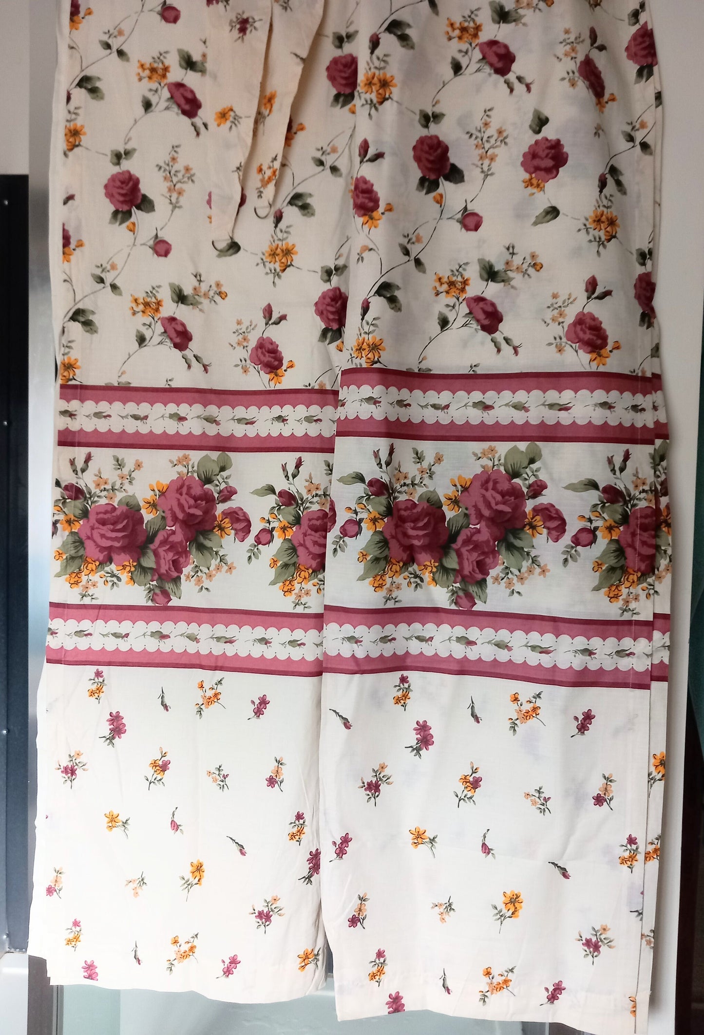 Pair of Vintage Dark Red Floral Curtains 69"