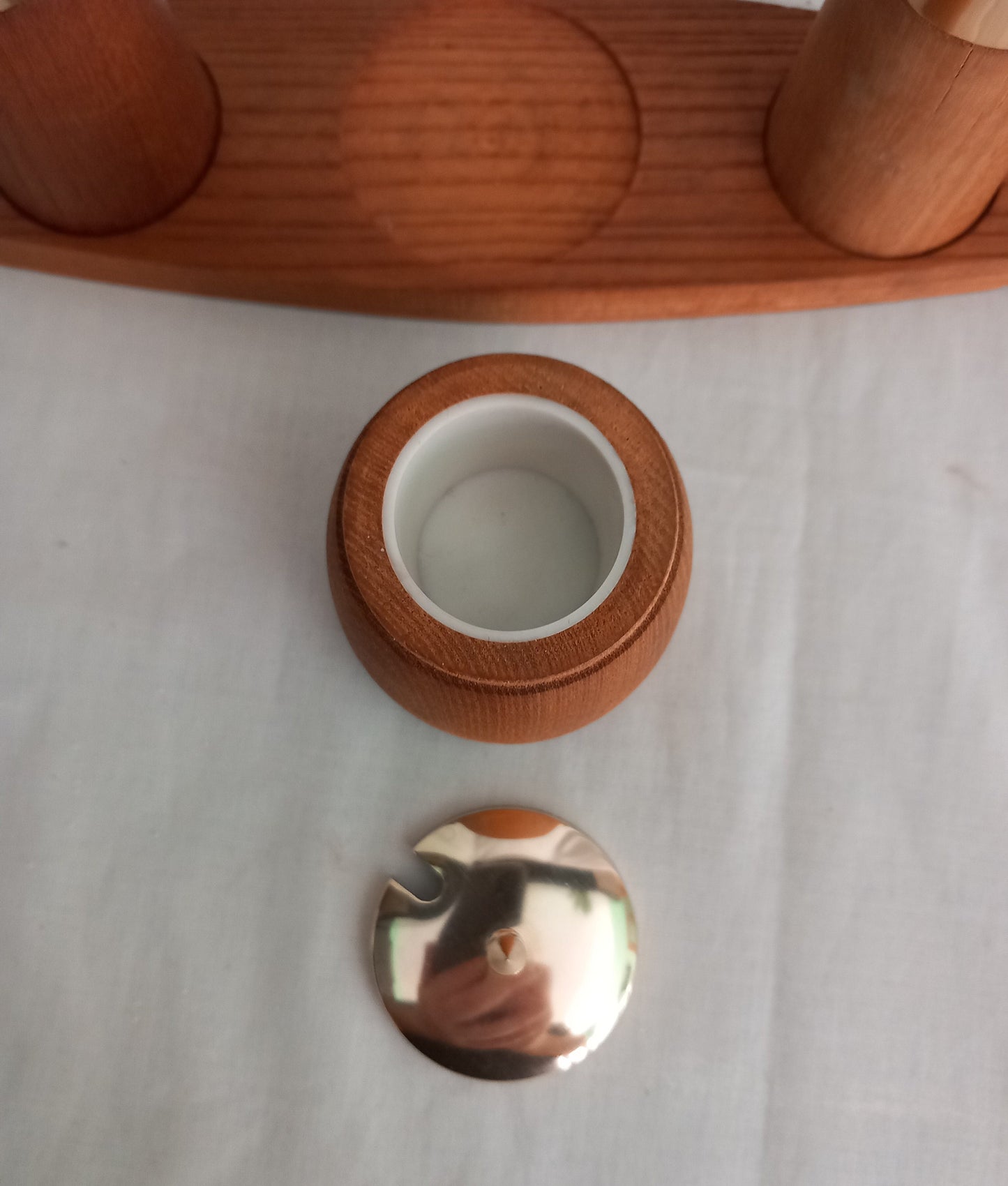1970s Teak Wood And Gold Metal Cruet Set