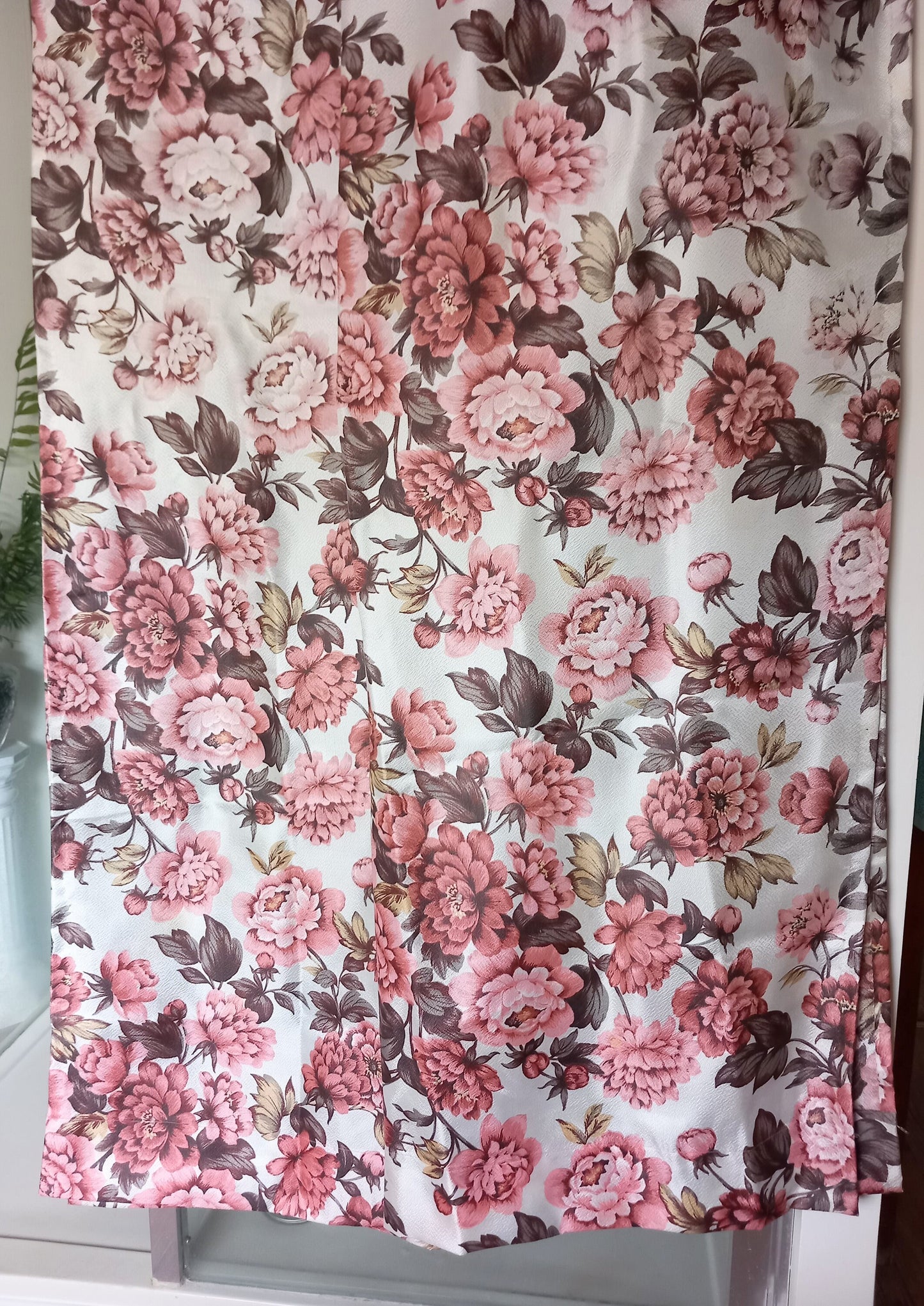 Vintage Mid Century 1970s pair of pink satinised Flower curtains 84" long