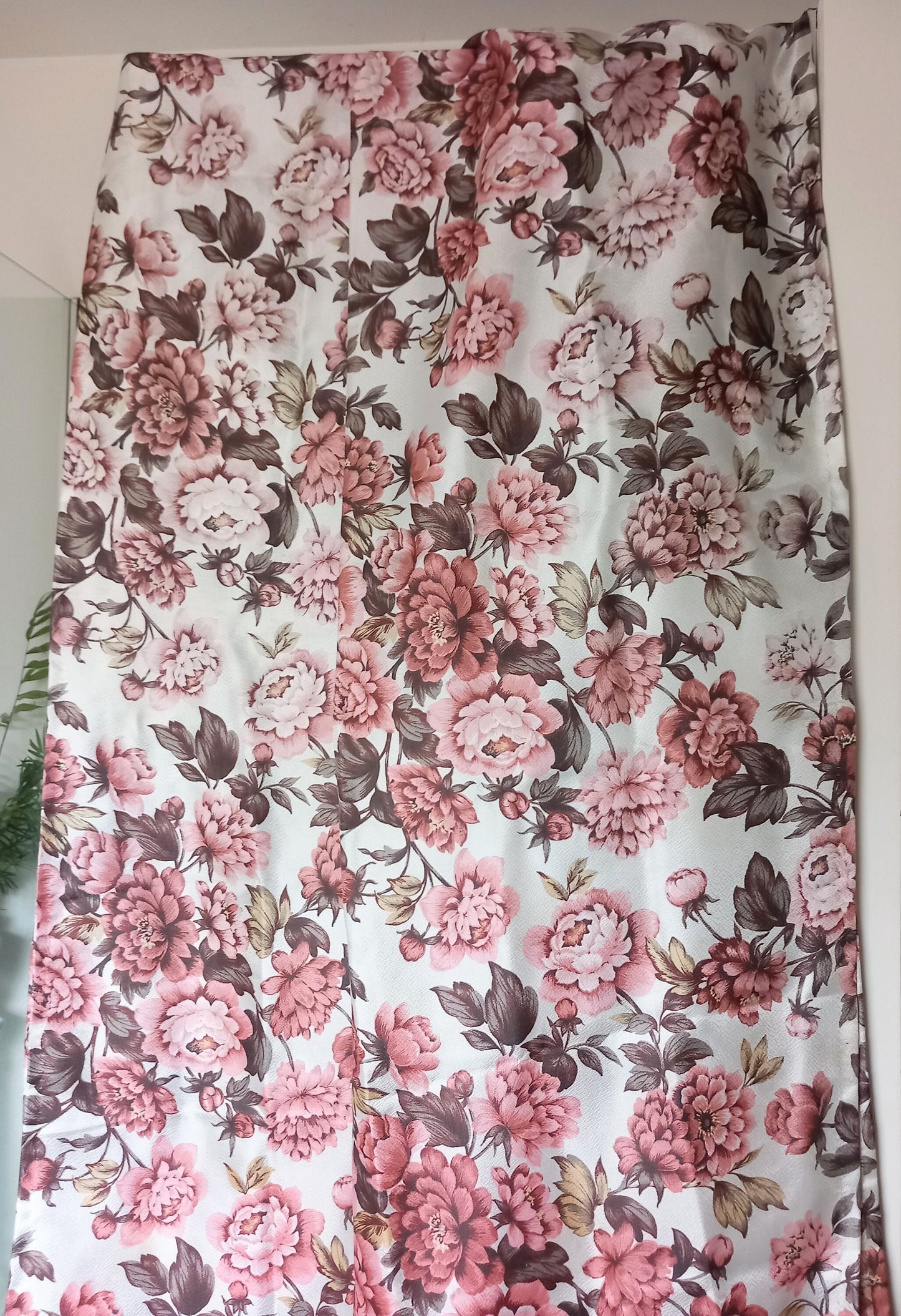 Vintage Mid Century 1970s pair of pink satinised Flower curtains 84" long