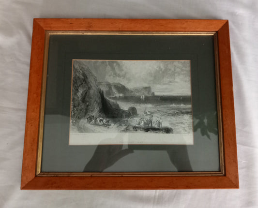 Framed Edwardian Print Engraving Of Turner Clovelly Bay In Wooden Frame