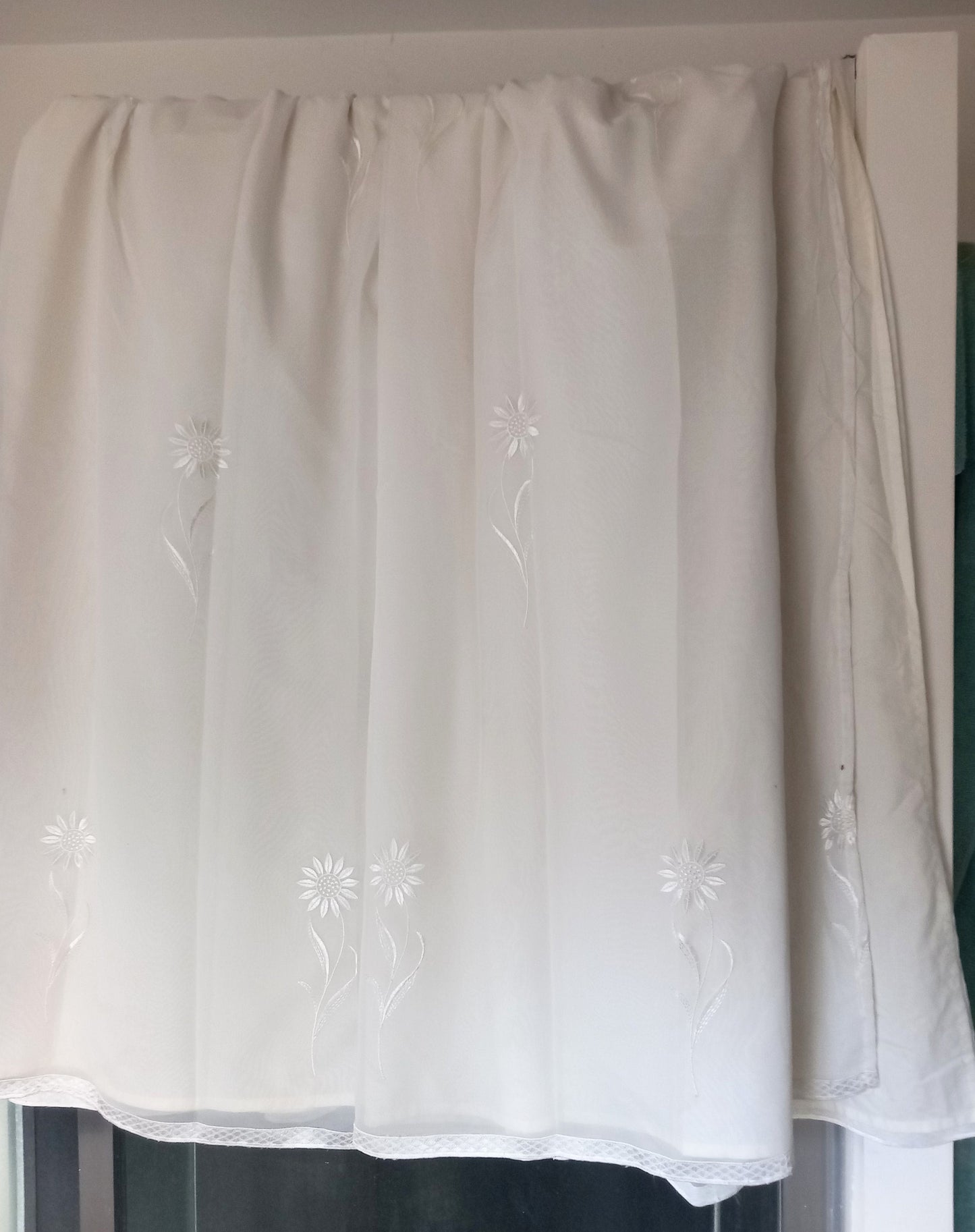 Pair of White Chiffon & Embroidered Flower Lined Curtains 52"