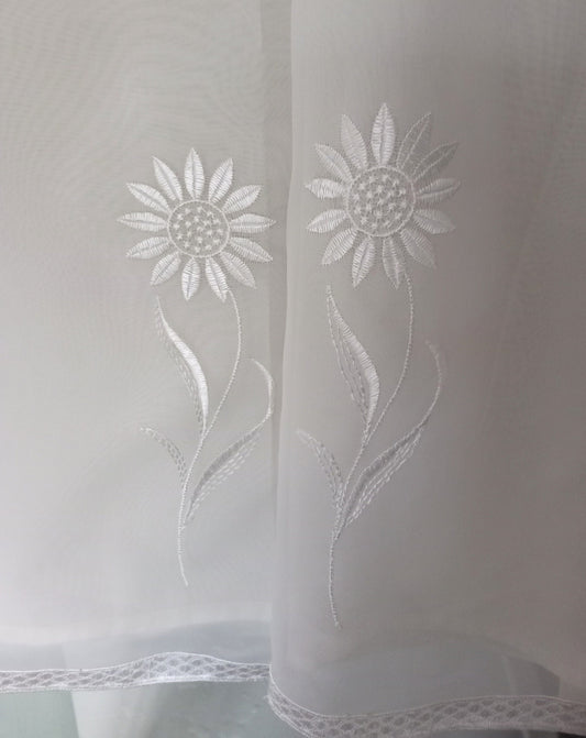 Pair of White Chiffon & Embroidered Flower Lined Curtains 52"