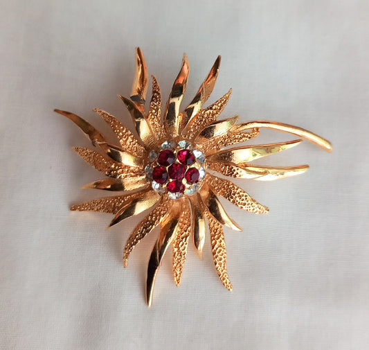 1950s Goldtone & Red & Clear Rhinestone Modernist Flower Brooch