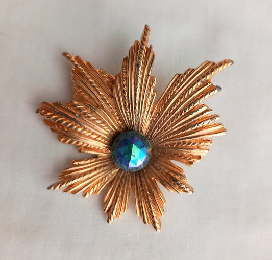 1950s Goldtone & Purple Carnival Glass Modernist Flower Brooch