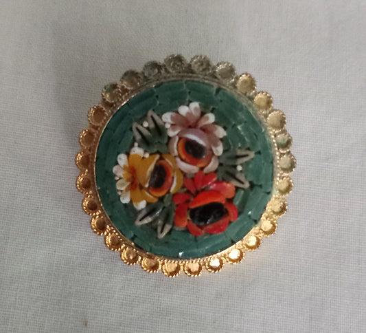 Vintage Italian Micro Mosaic Glass Flower Brooch Blue Red Round 2.7cm