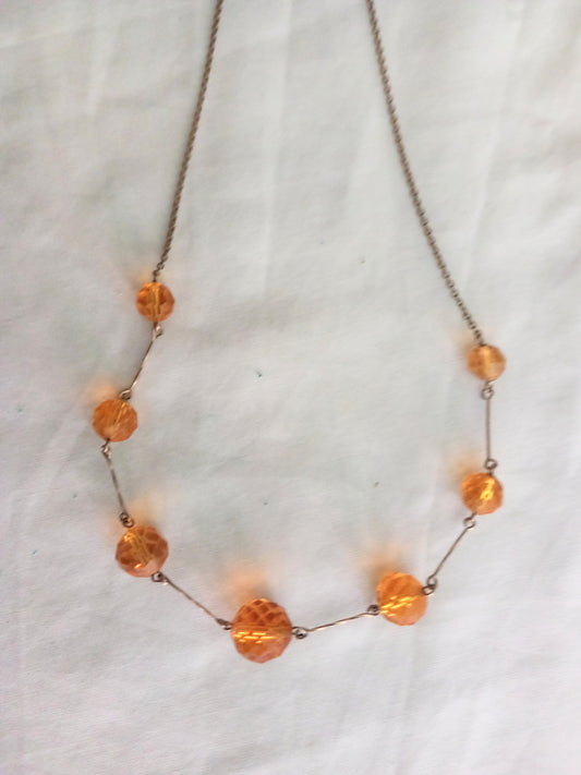 Art Deco orange faceted crystal glass bead & chain necklace