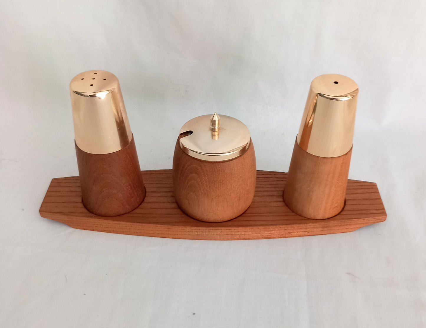 1970s Teak Wood And Gold Metal Cruet Set