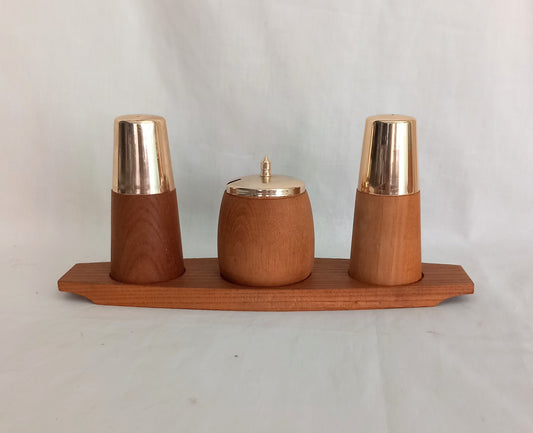 1970s Teak Wood And Gold Metal Cruet Set