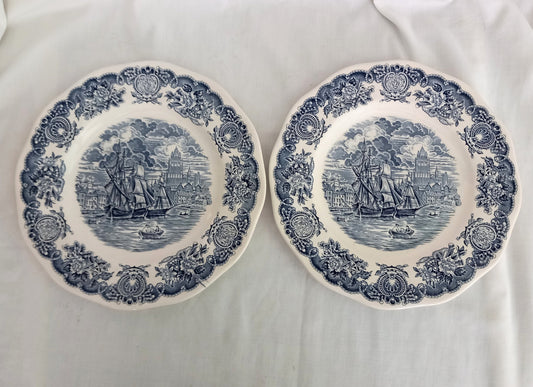 Set of 2 Blue & White Historical Ports Of England Dinner Plates 10"