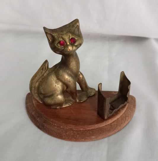 Mid Century Brass Cat Match Holder & Striker With Red Glass Eyes & Wooden Base