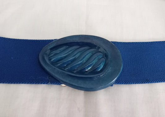 1980s Blue Elasticated Waist Cinch Belt With Teardrop Clasp L 40"