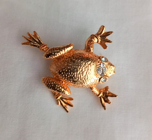 Vintage 1980s Goldtone & Clear Rhinestone Frog Brooch