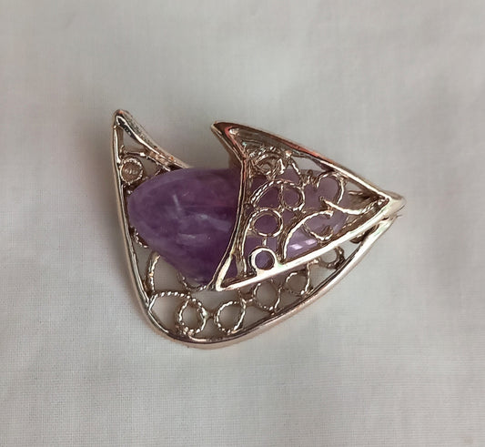 Mid Century Silvertone & Purple Amethyst Modernist Style Brooch