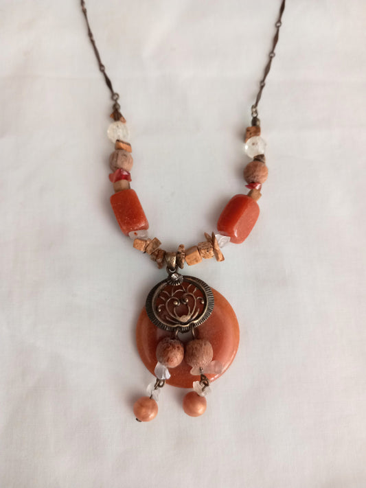 Antique brass & orange aventurine semi precious stone pendant necklace
