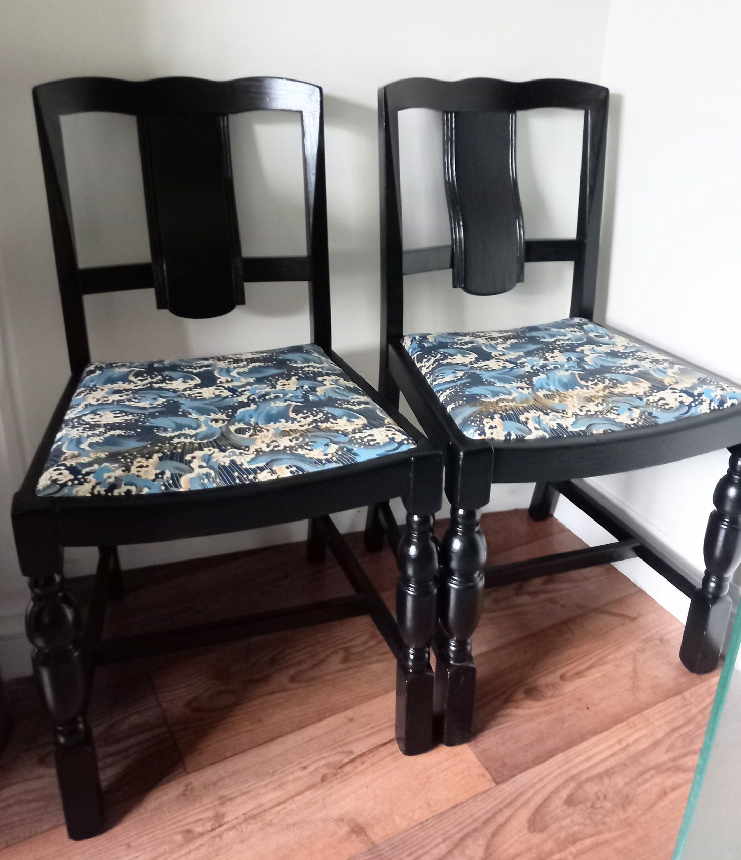 Art Deco Black Gloss Chair Reupholstered With Blue Wave Fabric