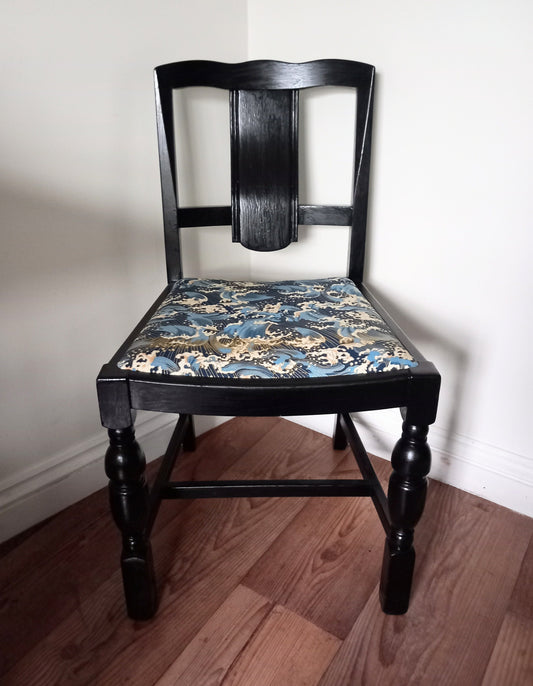 Art Deco Black Gloss Chair Reupholstered With Blue Wave Fabric