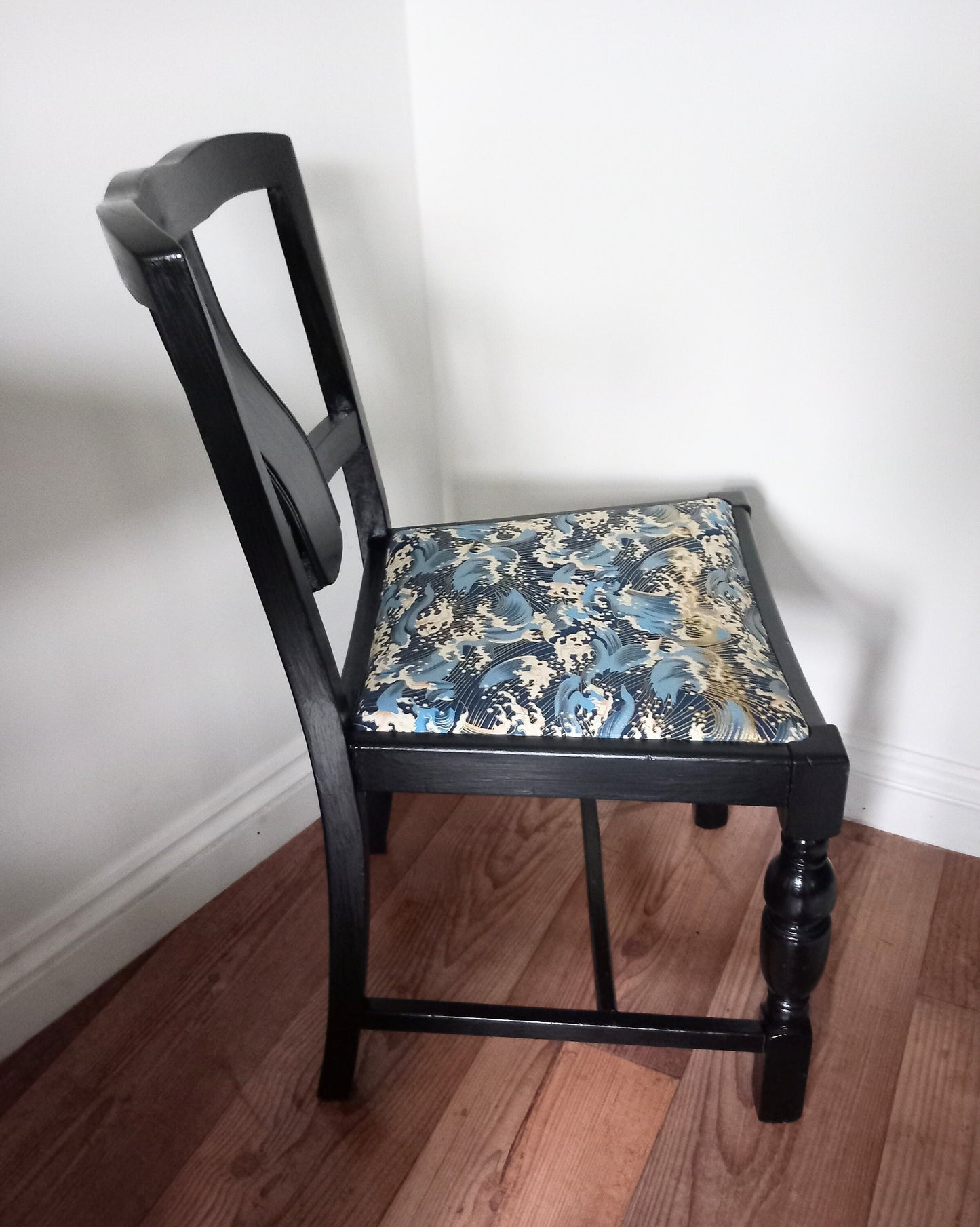 Art Deco Black Gloss Chair Reupholstered With Blue Wave Fabric