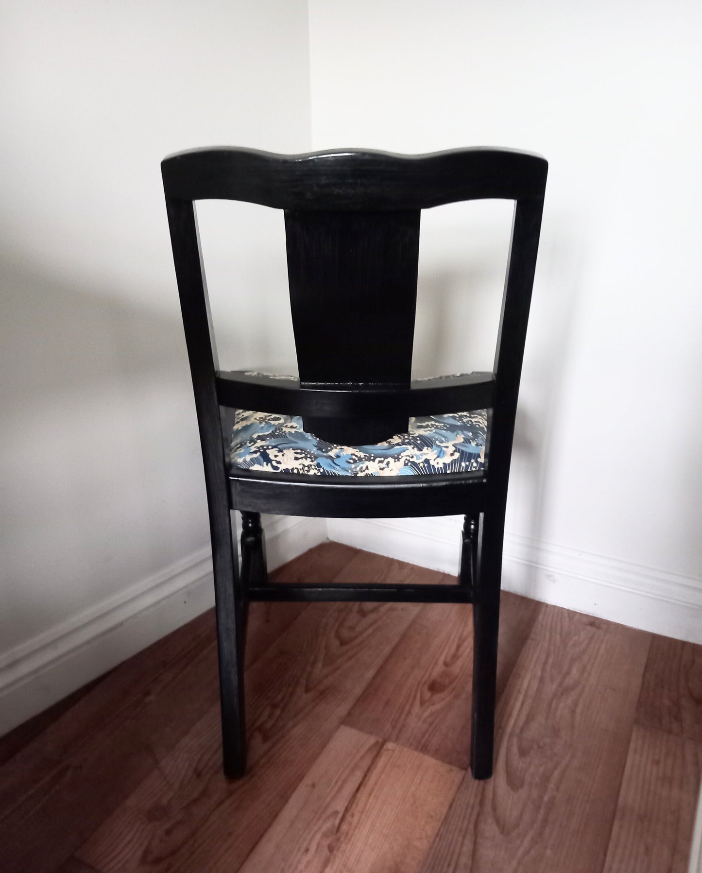 Art Deco Black Gloss Chair Reupholstered With Blue Wave Fabric