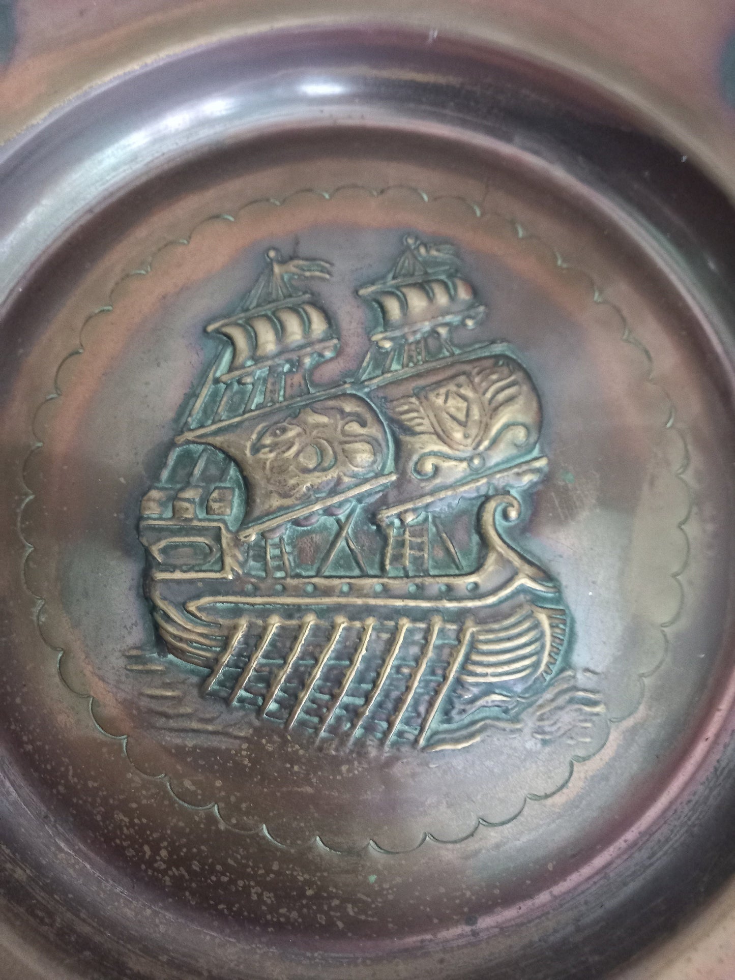 Arts and Crafts style brass wall charger with galleon ship design 18"