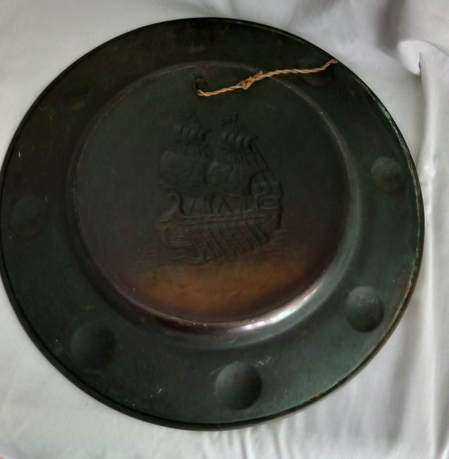Arts and Crafts style brass wall charger with galleon ship design 18"