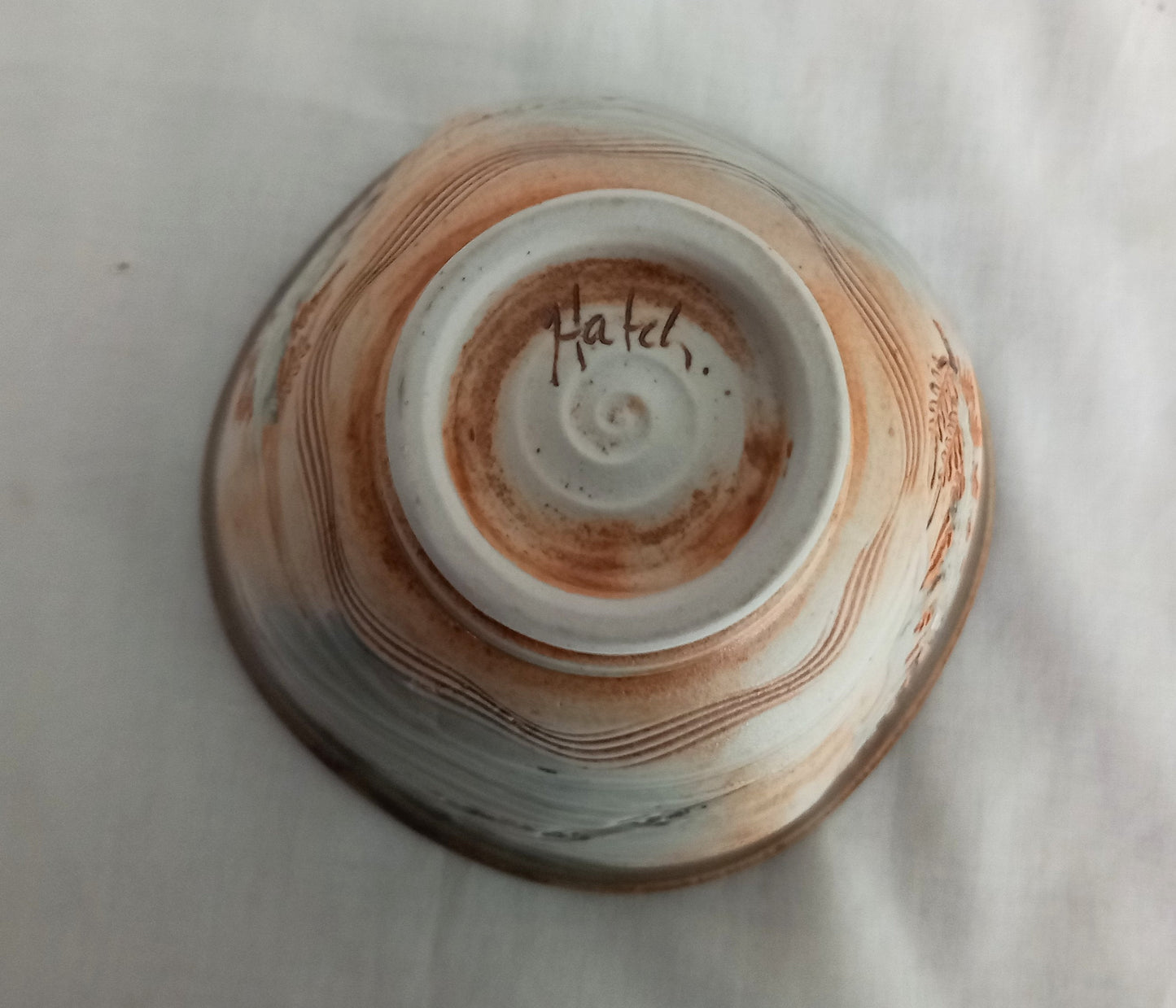 Studio pottery hand made bowl with fern design and green & brown glaze
