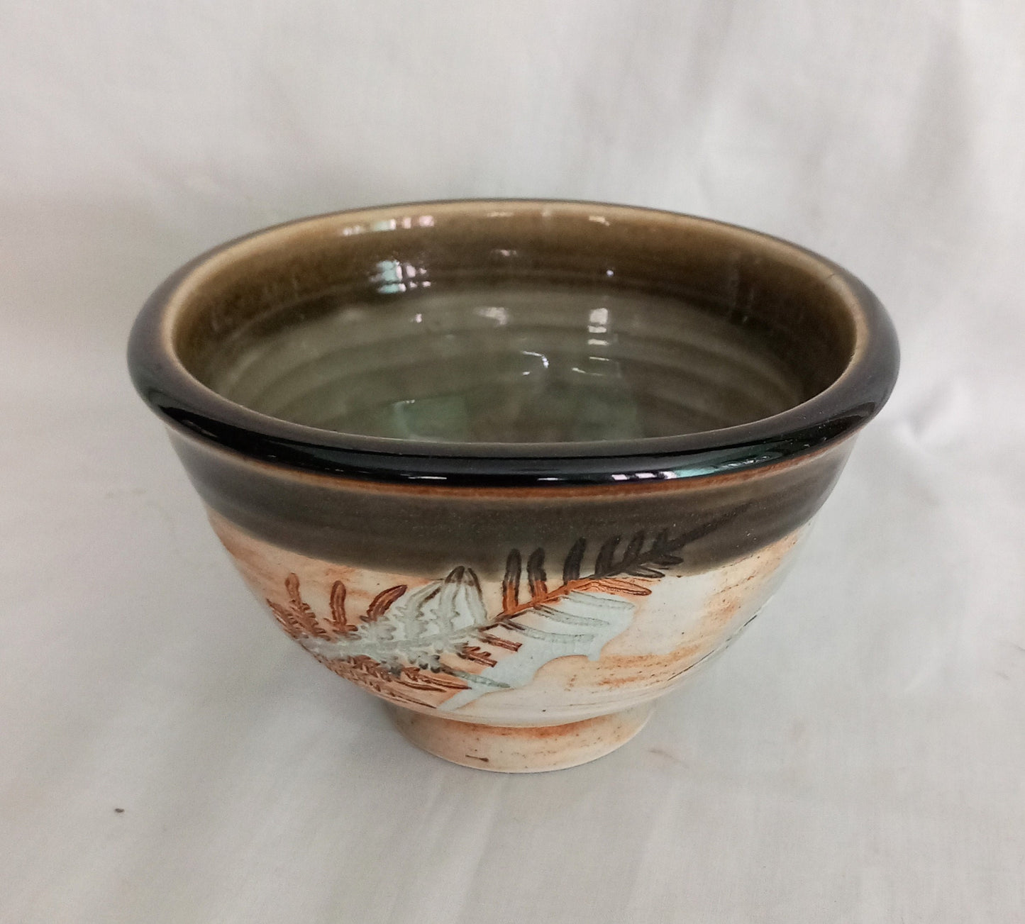 Studio pottery hand made bowl with fern design and green & brown glaze