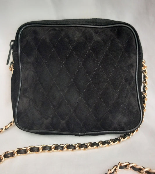 1980s Quilted Black & Gold Real Suede Chain Strap Shoulder Handbag