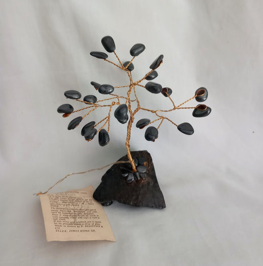 Vintage Hematite Crystal Gemstone Tree Gold Plated Wire 6.5" Grey Black Healing