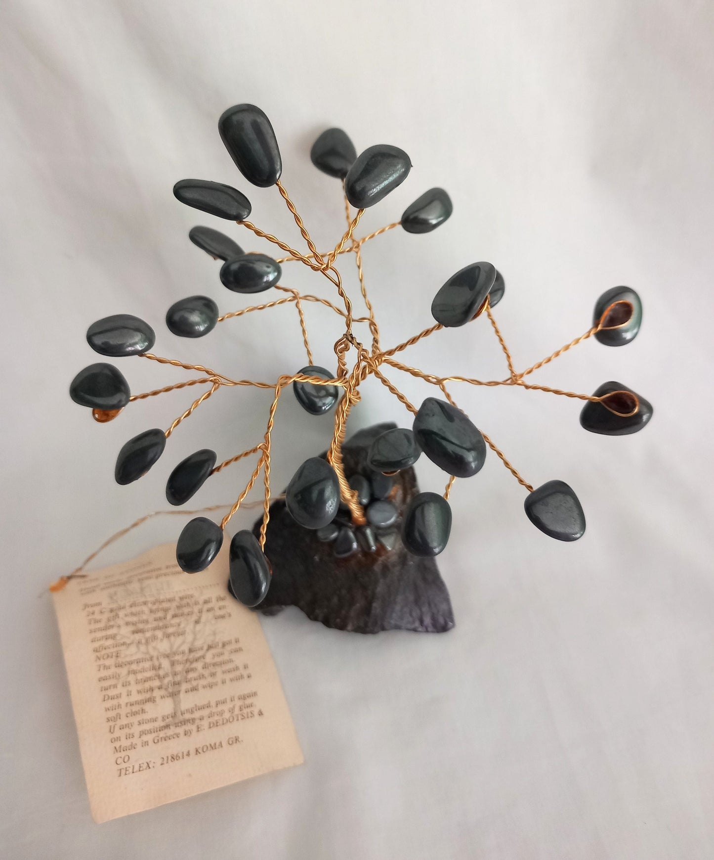 Vintage Hematite Crystal Gemstone Tree Gold Plated Wire 6.5" Grey Black Healing