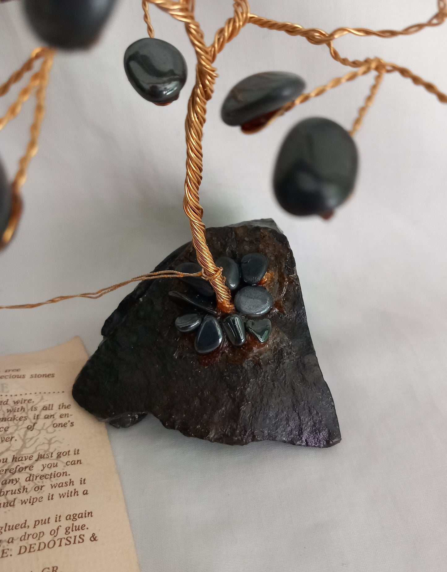 Vintage Hematite Crystal Gemstone Tree Gold Plated Wire 6.5" Grey Black Healing