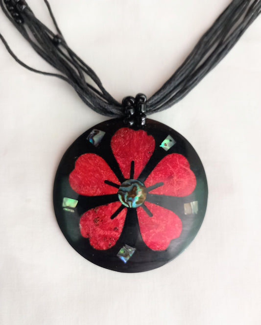 Red & Black Flower Design Beaded Pendant necklace With Abalone Inlay