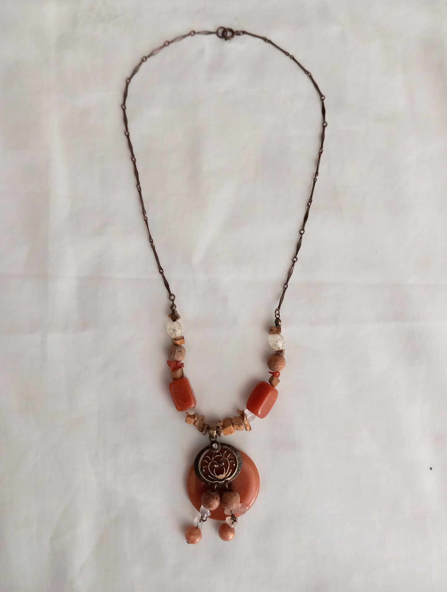 Antique brass & orange aventurine semi precious stone pendant necklace