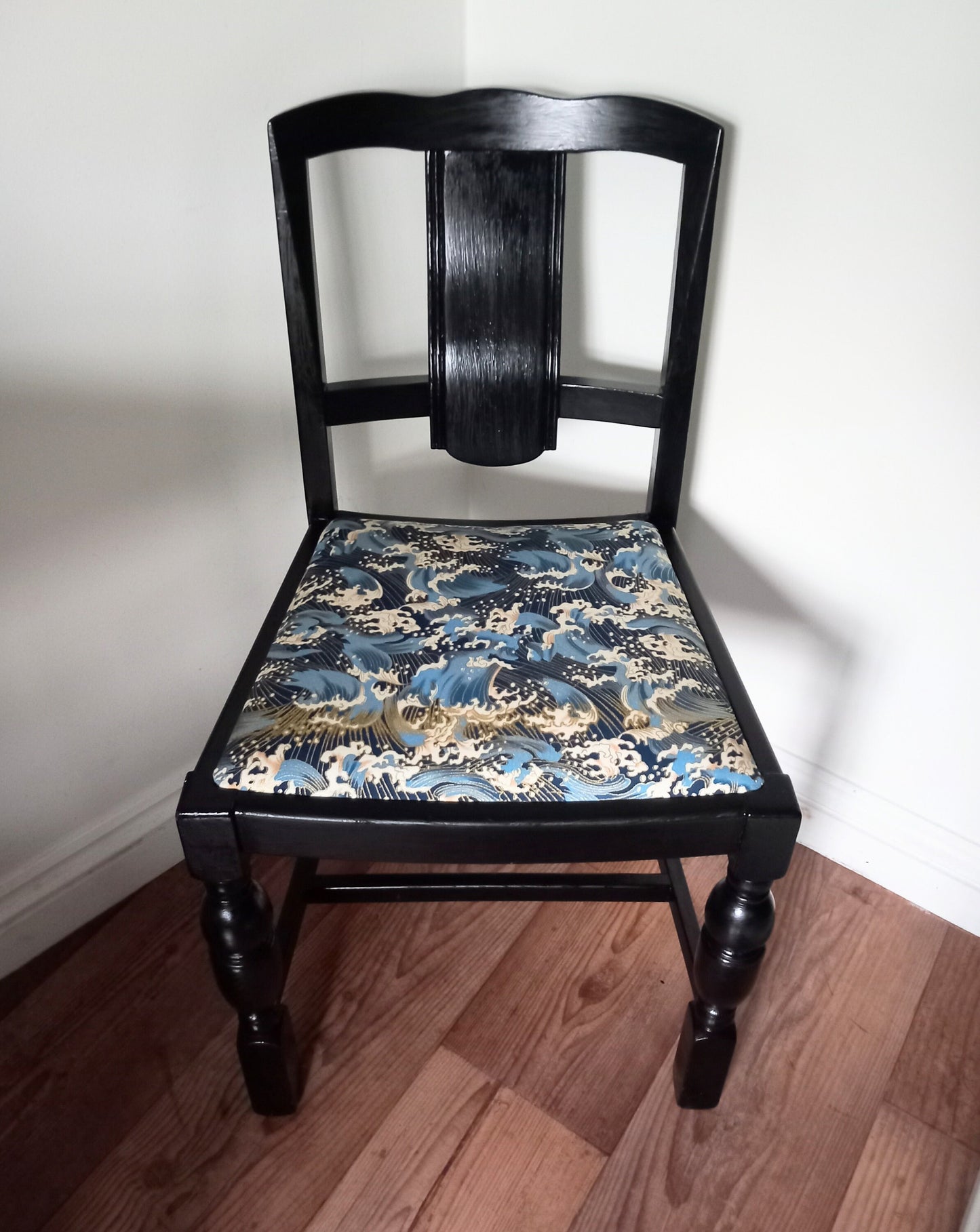 Art Deco Black Gloss Chair Reupholstered With Blue Wave Fabric